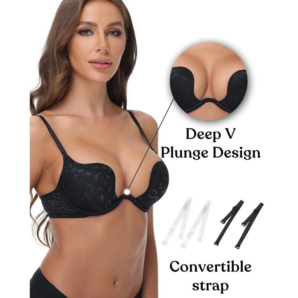 Cortelay Women's Black Deep V Neck Plunge Bra Push Up Light Pad Leopard Lace 40D